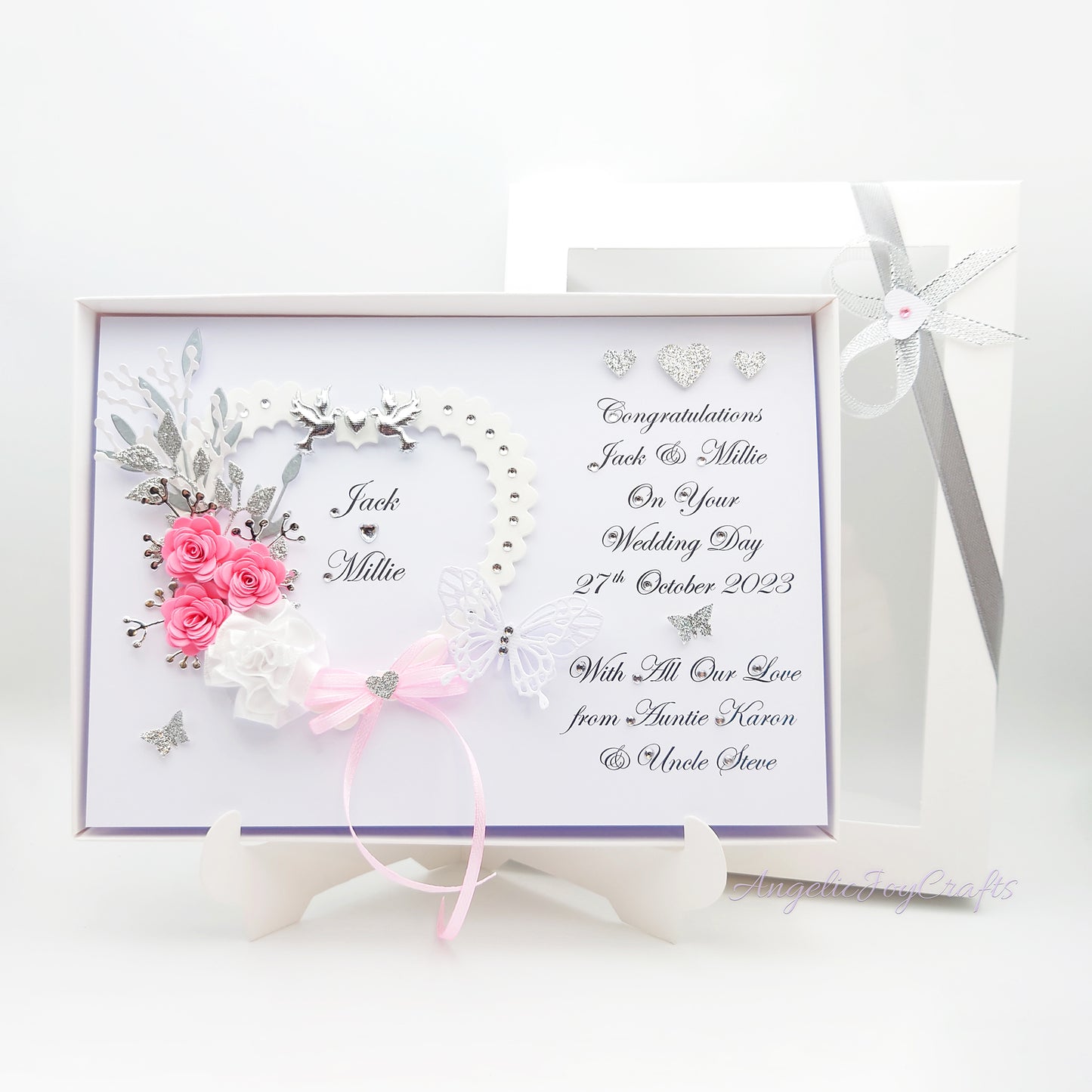 Handmade Personalised 3D Wedding Card with Heart, Flowers & Butterflies + Complimentary Gift Box | Anniversary | Wedding | Engagement