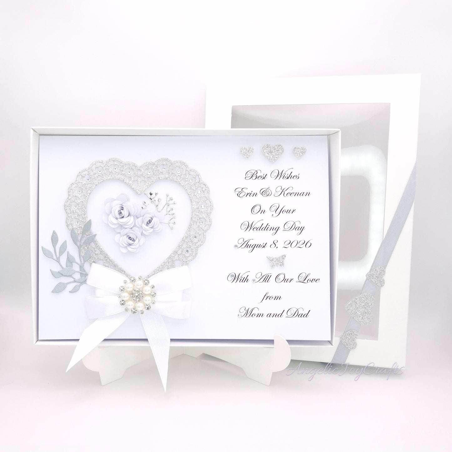 Handmade Personalised 3D Wedding Card with Heart, Bow & Brooch+ Complimentary Gift Box | Anniversary | Wedding | Engagement