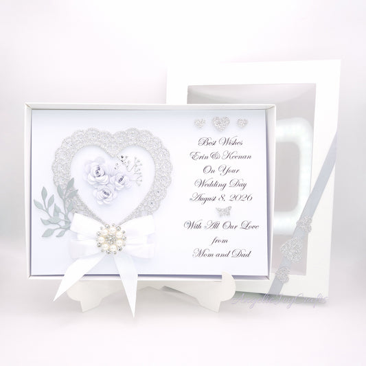 Handmade Personalised 3D Wedding Card with Heart, Bow & Brooch+ Complimentary Gift Box | Anniversary | Wedding | Engagement