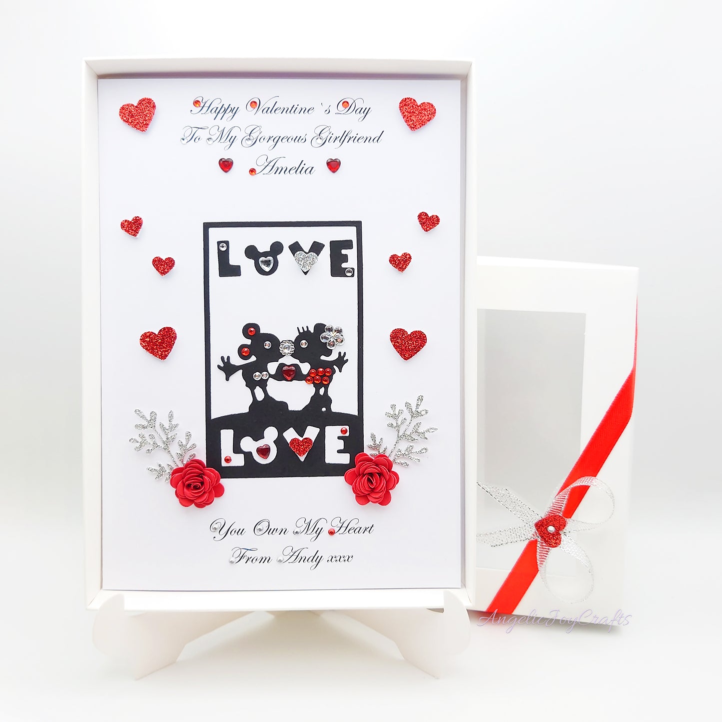 Handmade Personalised 3D Valentine's Day Card with Kissing Mice & Hearts + Complimentary Gift Box | Valentine's Day