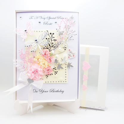 Handmade Personalised 3D Birthday Card with Bow & Flowers + Complimentary Gift Box | Birthday | Mother's Day