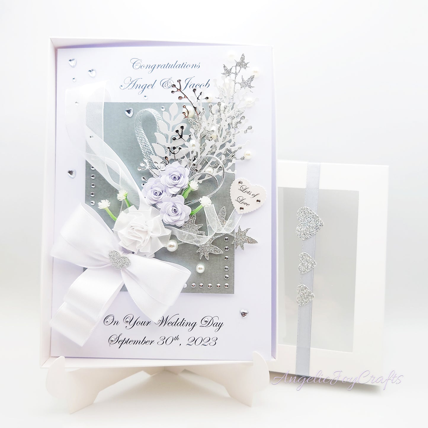 Handmade Personalised 3D Wedding Card with Bow & Flowers + Complimentary Gift Box | Anniversary | Wedding | Engagement