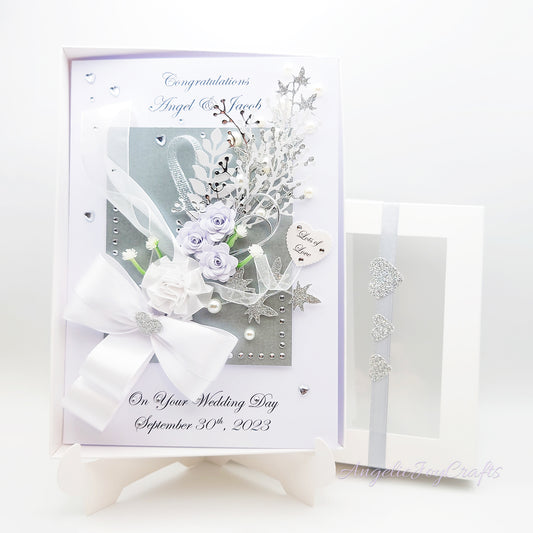 Handmade Personalised 3D Wedding Card with Bow & Flowers + Complimentary Gift Box | Anniversary | Wedding | Engagement