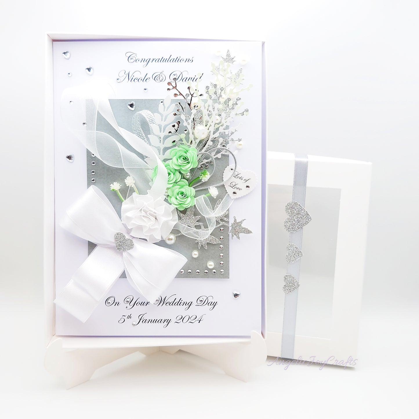Handmade Personalised 3D Wedding Card with Bow & Flowers + Complimentary Gift Box | Anniversary | Wedding | Engagement