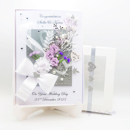 Handmade Personalised 3D Wedding Card with Bow & Flowers + Complimentary Gift Box | Anniversary | Wedding | Engagement