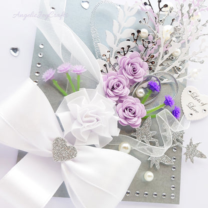 Handmade Personalised 3D Wedding Card with Bow & Flowers + Complimentary Gift Box | Anniversary | Wedding | Engagement