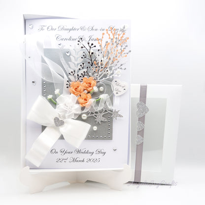 Handmade Personalised 3D Wedding Card with Bow & Flowers + Complimentary Gift Box | Anniversary | Wedding | Engagement