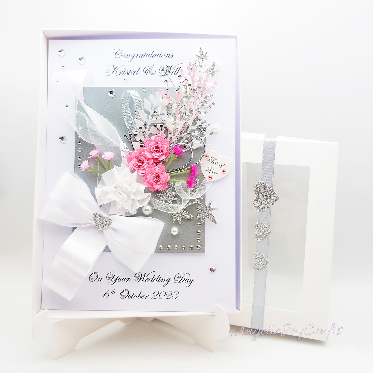 Handmade Personalised 3D Wedding Card with Bow & Flowers + Complimentary Gift Box | Anniversary | Wedding | Engagement