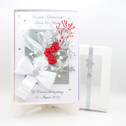 Handmade Personalised 3D Wedding Card with Bow & Flowers + Complimentary Gift Box | Anniversary | Wedding | Engagement