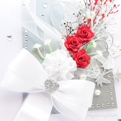 Handmade Personalised 3D Wedding Card with Bow & Flowers + Complimentary Gift Box | Anniversary | Wedding | Engagement