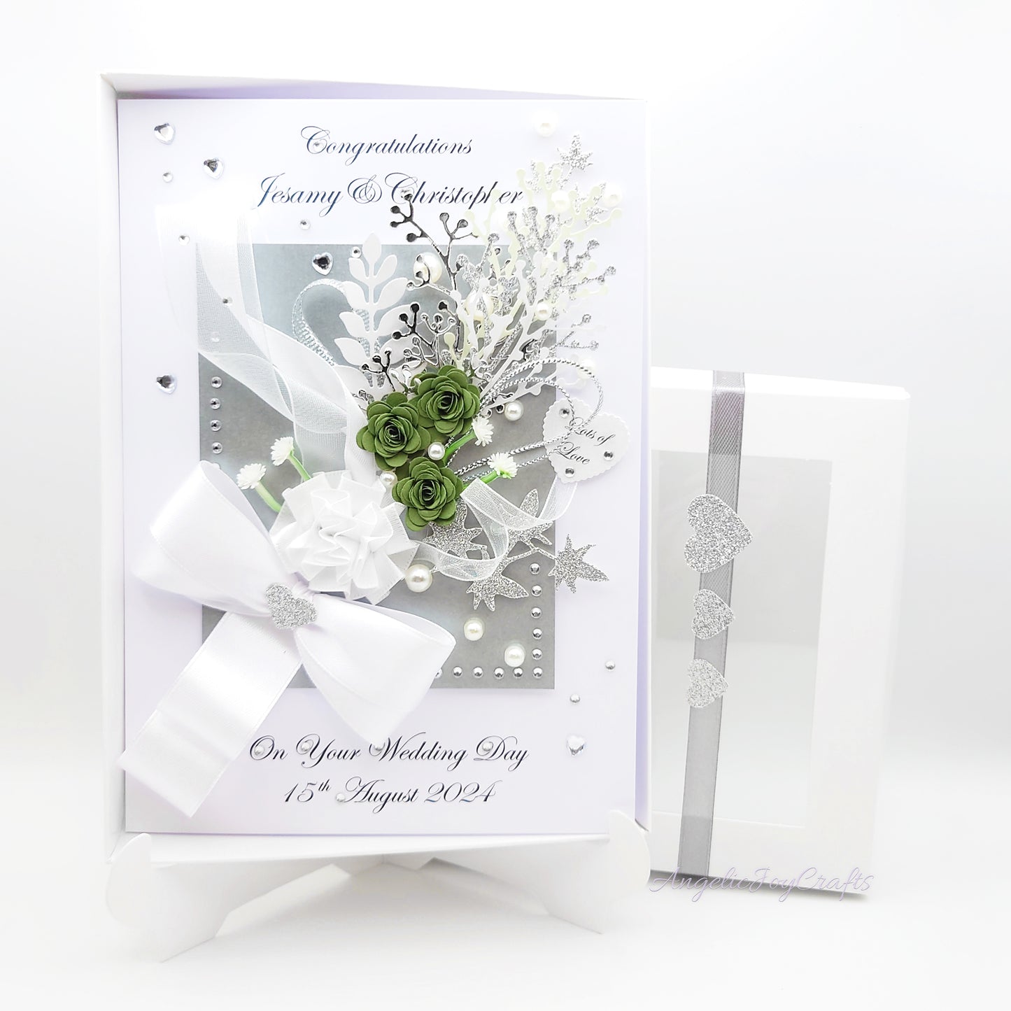 Handmade Personalised 3D Wedding Card with Bow & Flowers + Complimentary Gift Box | Anniversary | Wedding | Engagement