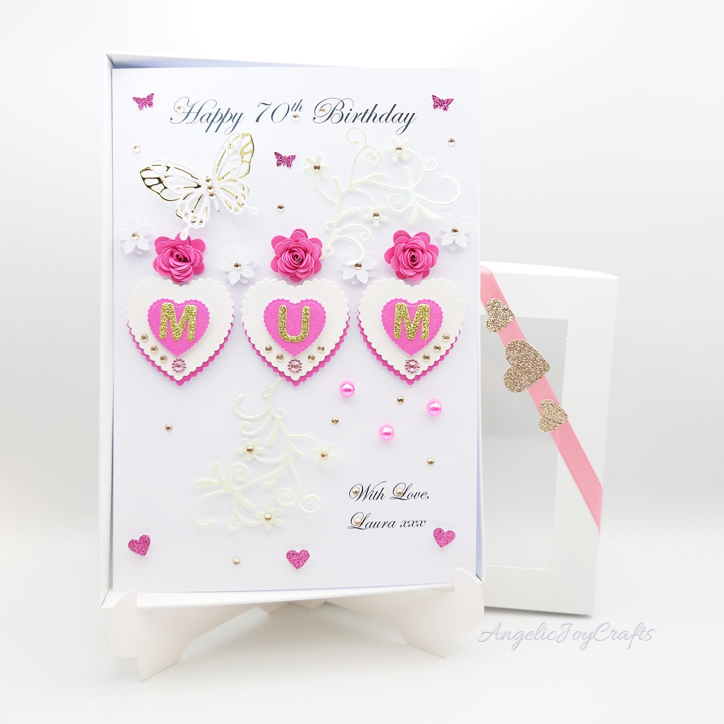 Handmade Personalised 3D Birthday Card with Floral Hearts & Butterfly + Complimentary Gift Box | Birthday | Mother's Day