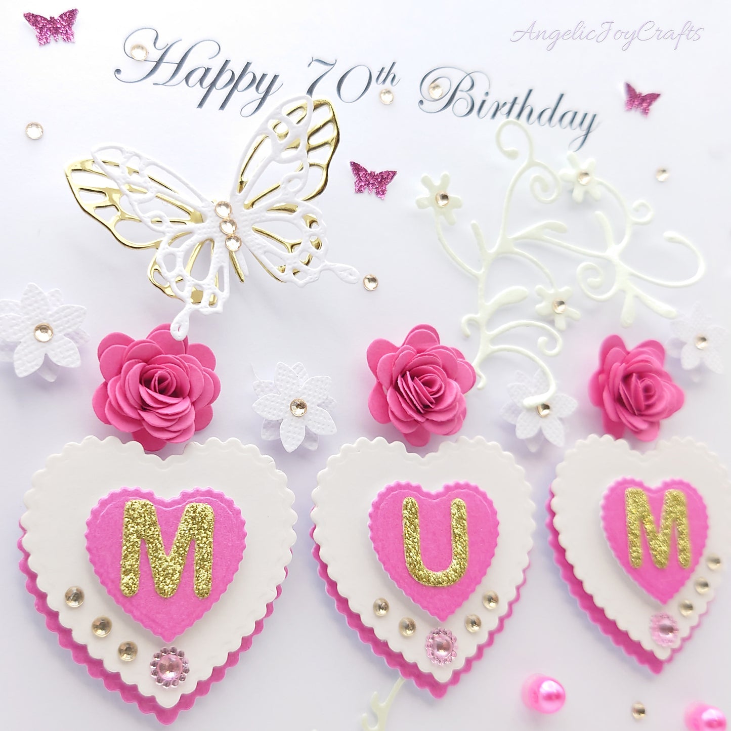 Handmade Personalised 3D Birthday Card with Floral Hearts & Butterfly + Complimentary Gift Box | Birthday | Mother's Day