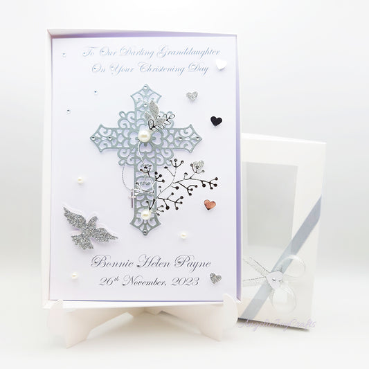 Handmade Personalised 3D Christening Card with Ornate Cross & Cross Charm + Complimentary Gift Box | Christening | Baptism