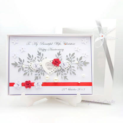 Handmade Personalised 3D Anniversary Card with Hearts & Flowers + Complimentary Gift Box | Anniversary | Wedding | Engagement | Birthday | Mother's Day | Valentine's Day