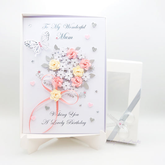 Handmade Personalised 3D Birthday Card with Bow & Flower Bush + Complimentary Gift Box | Birthday | Mother's Day