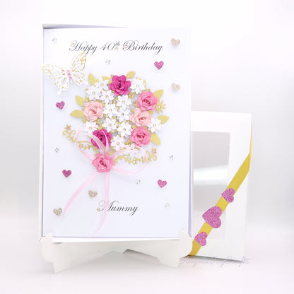Handmade Personalised 3D Birthday Card with Bow & Flower Bush + Complimentary Gift Box | Birthday | Mother's Day