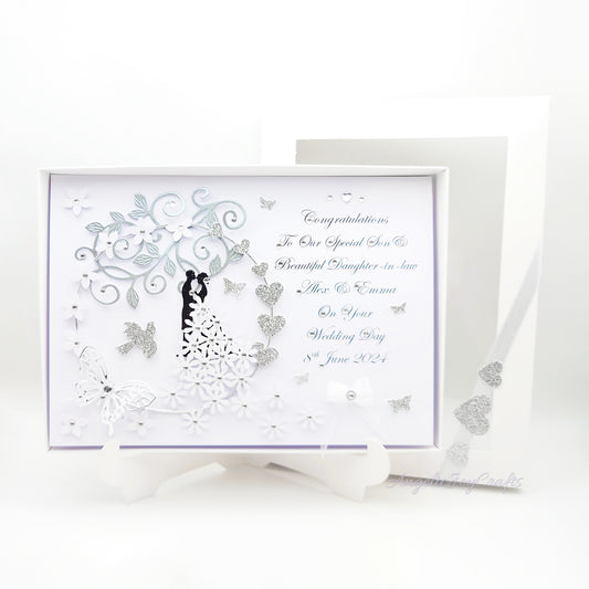 Handmade Personalised 3D Wedding Card with Couple in Floral Ring + Complimentary Gift Box | Anniversary | Wedding | Engagement