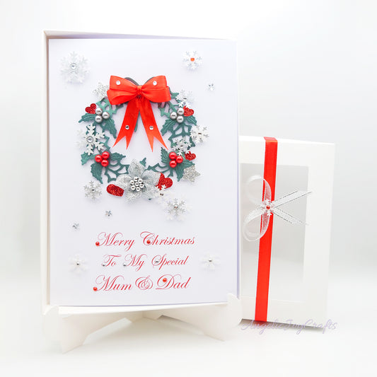 Handmade Personalised 3D Christmas Card with Ornate Wreath & Snowflakes + Complimentary Gift Box | Christmas | Noel | New Year