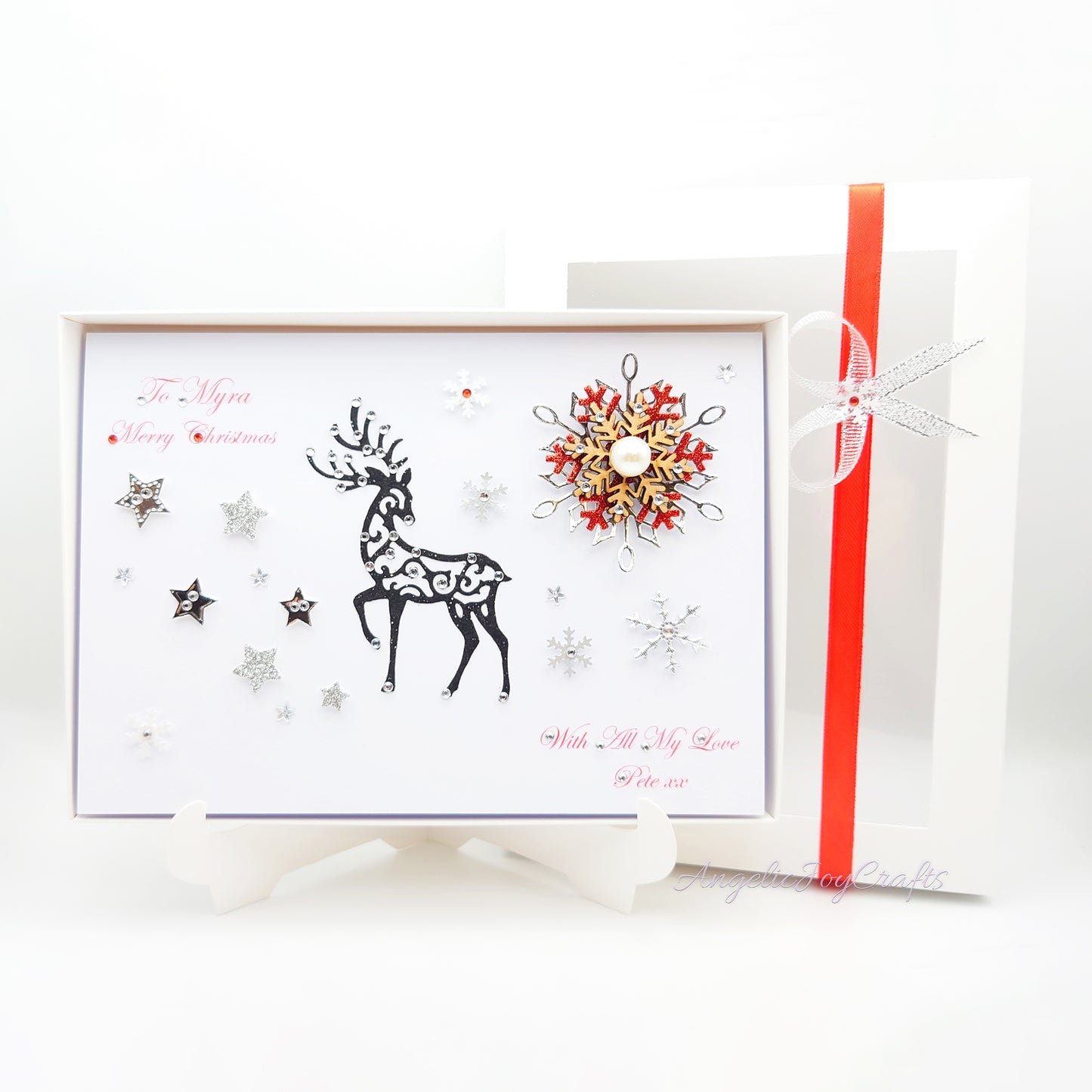 Handmade Personalised 3D Christmas Card with Deer & Wooden Snowflake + Complimentary Gift Box | Christmas | Noel | New Year