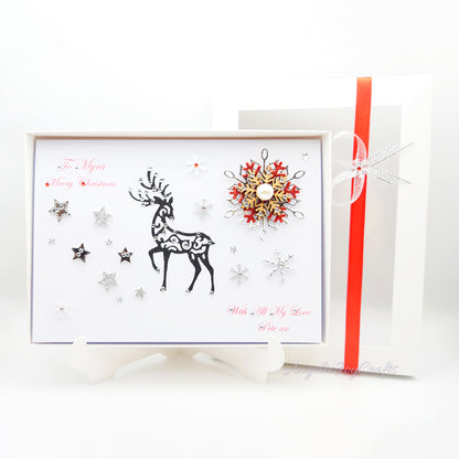 Handmade Personalised 3D Christmas Card with Deer & Wooden Snowflake + Complimentary Gift Box | Christmas | Noel | New Year