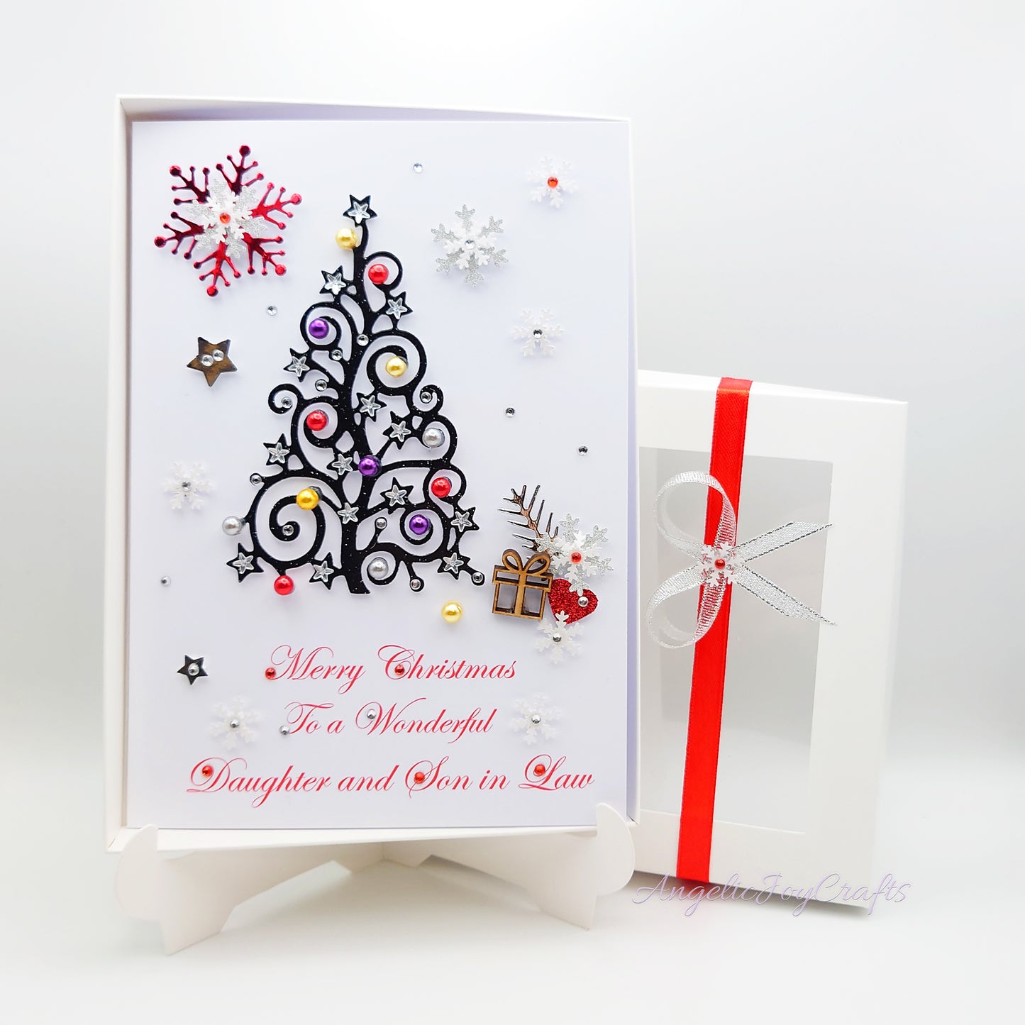 Handmade Personalised 3D Christmas Card with Ornate Christmas Tree & Wooden Gift + Complimentary Gift Box | Christmas | Noel | New Year