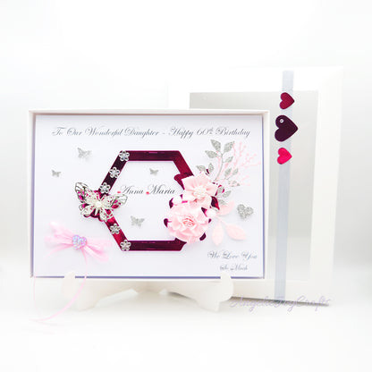 Handmade Personalised 3D Birthday Card with Floral Hexagon & Metallic Butterfly + Complimentary Gift Box | Birthday | Mother's Day