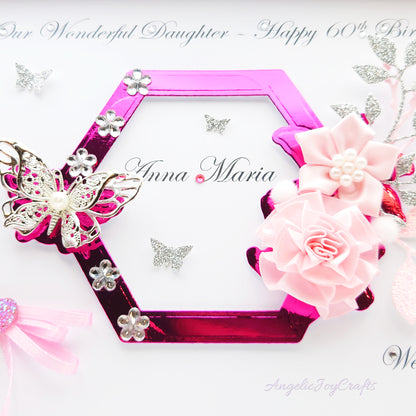 Handmade Personalised 3D Birthday Card with Floral Hexagon & Metallic Butterfly + Complimentary Gift Box | Birthday | Mother's Day