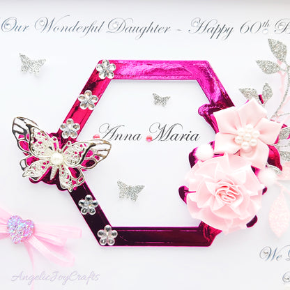Handmade Personalised 3D Birthday Card with Floral Hexagon & Metallic Butterfly + Complimentary Gift Box | Birthday | Mother's Day