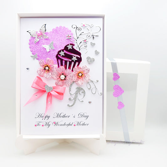 Handmade Personalised 3D Mother's Day Card with Flowers, Cupcake & Metallic Butterfly + Complimentary Gift Box | Birthday | Mother's Day