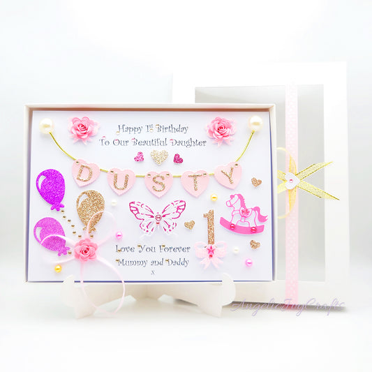 Handmade Personalised 3D Child Birthday Card with Ballons & Hearts + Complimentary Gift Box | Baby Shower | Child Birthday | Baby Born | Birthday