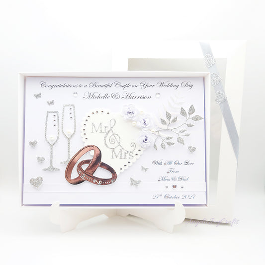 Handmade Personalised 3D Wedding Card with Hearts, Flowers & Wedding Rings + Complimentary Gift Box | Anniversary | Wedding | Engagement