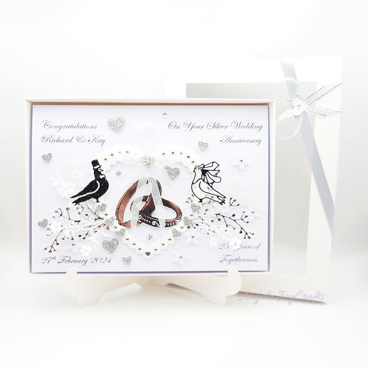 Handmade Personalised 3D Anniversary Card with Floral Heart & Dove Couple + Complimentary Gift Box | Anniversary | Wedding | Engagement
