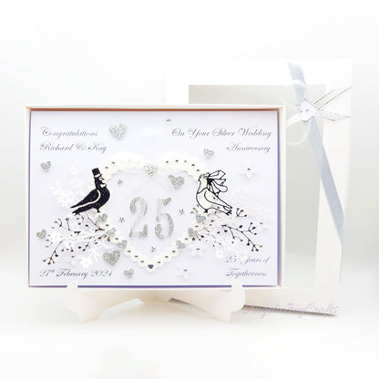 Handmade Personalised 3D Anniversary Card with Floral Heart & Dove Couple + Complimentary Gift Box | Anniversary | Wedding | Engagement