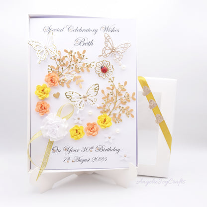 Handmade Personalised 3D Birthday Card with Flowers, Bow & Ladybug + Complimentary Gift Box | Birthday | Mother's Day