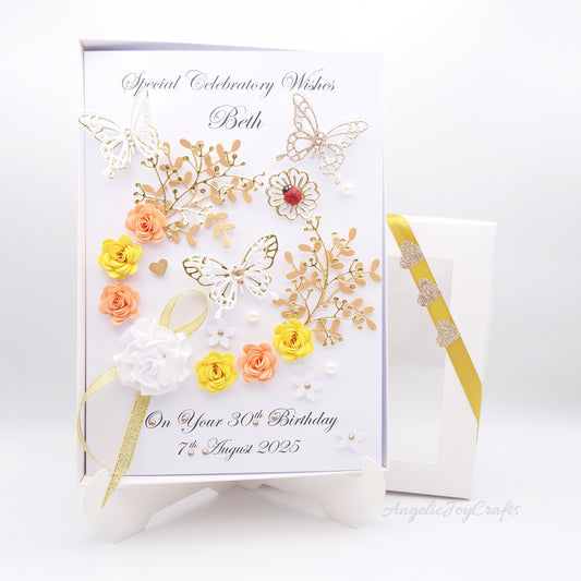 Handmade Personalised 3D Birthday Card with Flowers, Bow & Ladybug + Complimentary Gift Box | Birthday | Mother's Day