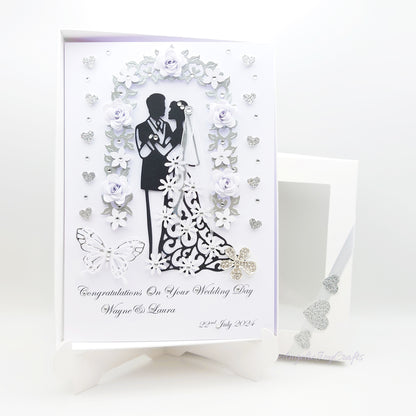 Handmade Personalised 3D Wedding Card with Couple in Floral Arch + Complimentary Gift Box | Anniversary | Wedding | Engagement