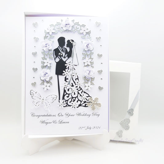 Handmade Personalised 3D Wedding Card with Couple in Floral Arch + Complimentary Gift Box | Anniversary | Wedding | Engagement