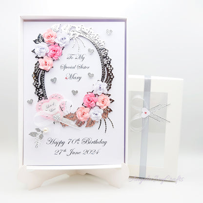 Handmade Personalised 3D Birthday Day Card with Floral Frame Bouquet & Bow + Complimentary Gift Box | Birthday | Mother's Day