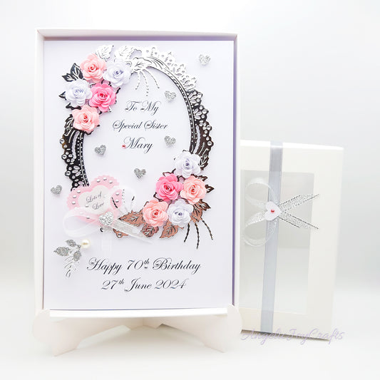 Handmade Personalised 3D Birthday Day Card with Floral Frame Bouquet & Bow + Complimentary Gift Box | Birthday | Mother's Day