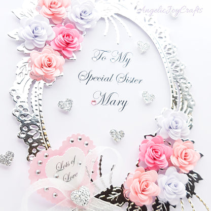 Handmade Personalised 3D Birthday Day Card with Floral Frame Bouquet & Bow + Complimentary Gift Box | Birthday | Mother's Day