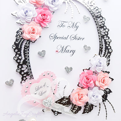 Handmade Personalised 3D Birthday Day Card with Floral Frame Bouquet & Bow + Complimentary Gift Box | Birthday | Mother's Day