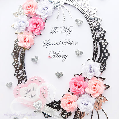 Handmade Personalised 3D Birthday Day Card with Floral Frame Bouquet & Bow + Complimentary Gift Box | Birthday | Mother's Day