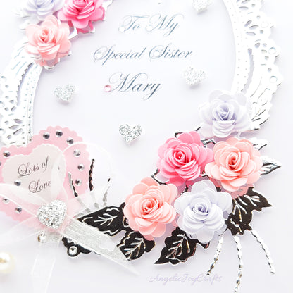 Handmade Personalised 3D Birthday Day Card with Floral Frame Bouquet & Bow + Complimentary Gift Box | Birthday | Mother's Day