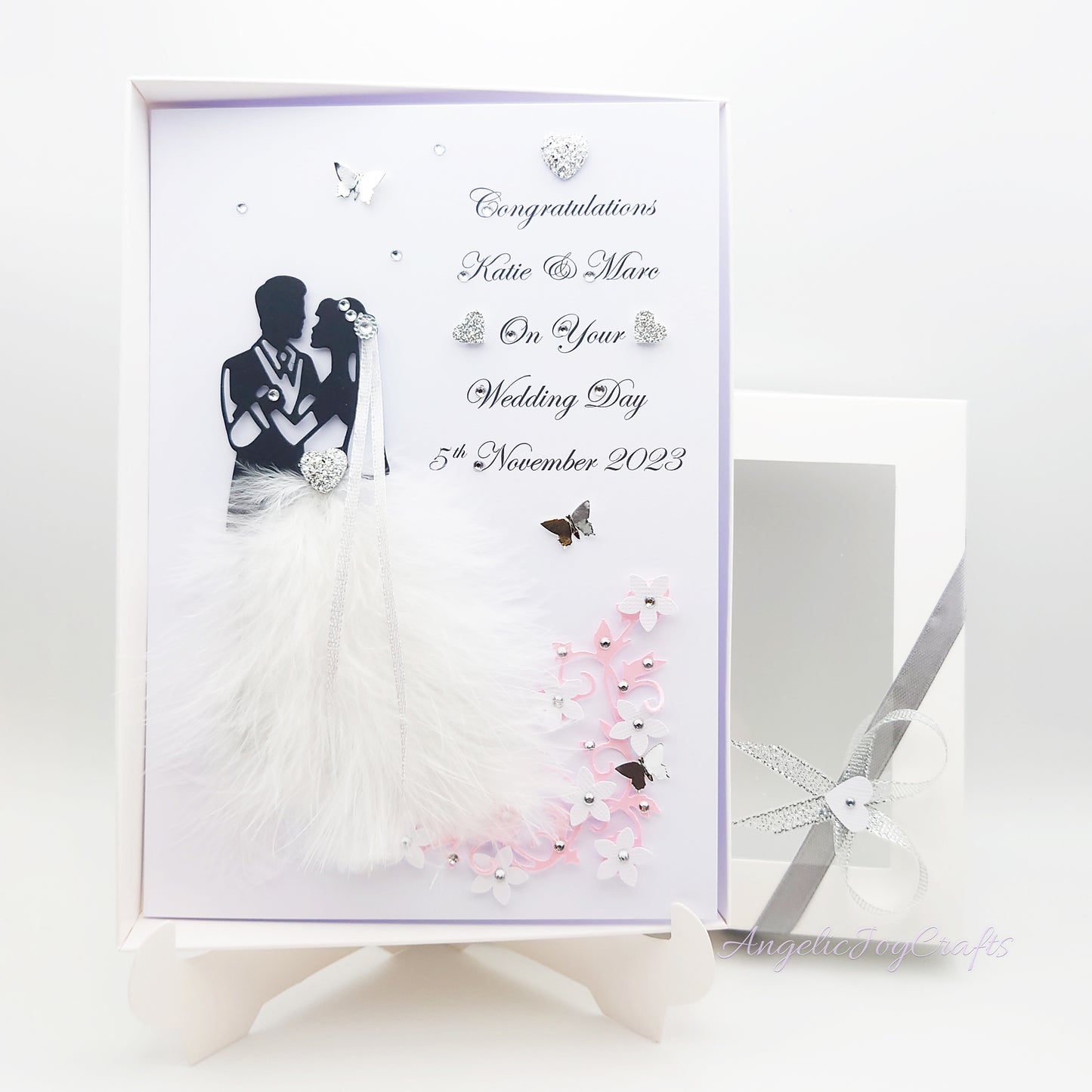 Handmade Personalised 3D Wedding Card with Real Feathers + Complimentary Gift Box | Anniversary | Wedding | Engagement