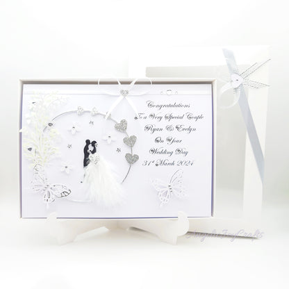 Handmade Personalised 3D Wedding Card with Couple in Floral Ring with Feather Dress + Complimentary Gift Box | Anniversary | Wedding | Engagement