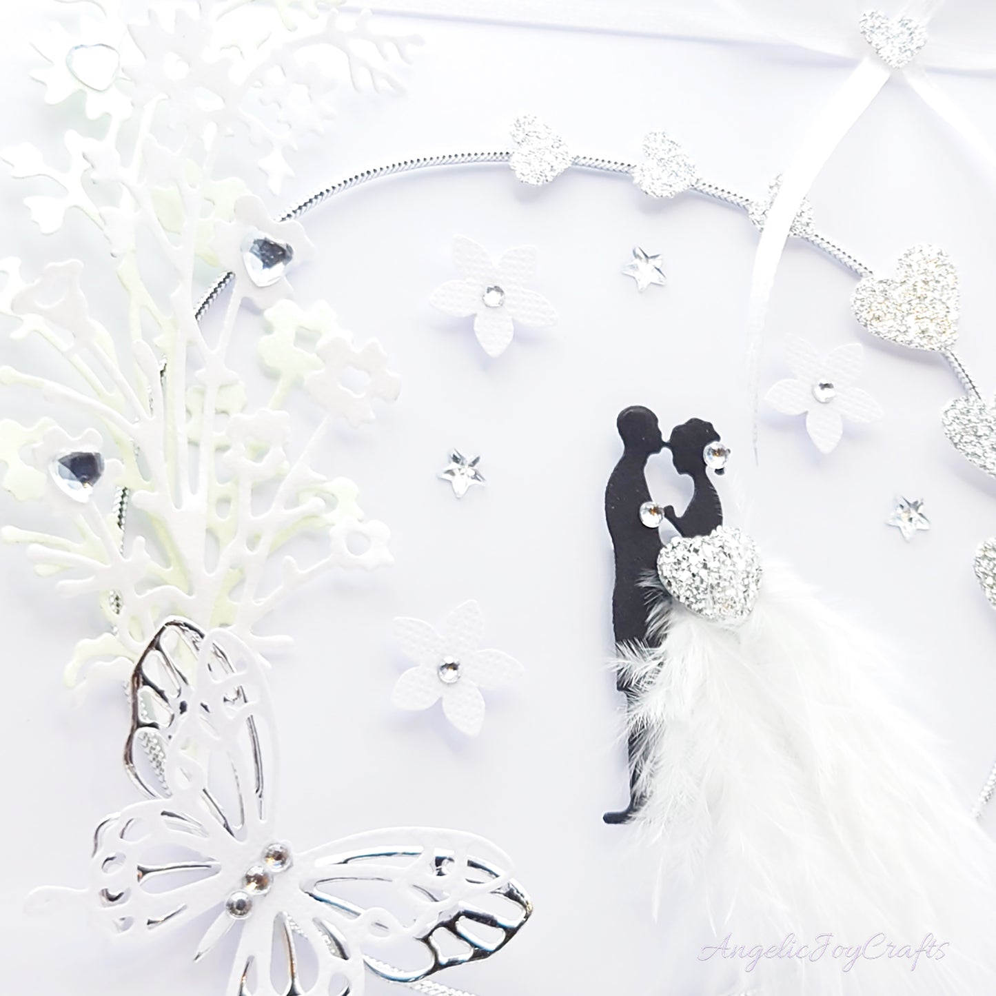 Handmade Personalised 3D Wedding Card with Couple in Floral Ring with Feather Dress + Complimentary Gift Box | Anniversary | Wedding | Engagement