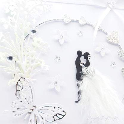 Handmade Personalised 3D Wedding Card with Couple in Floral Ring with Feather Dress + Complimentary Gift Box | Anniversary | Wedding | Engagement