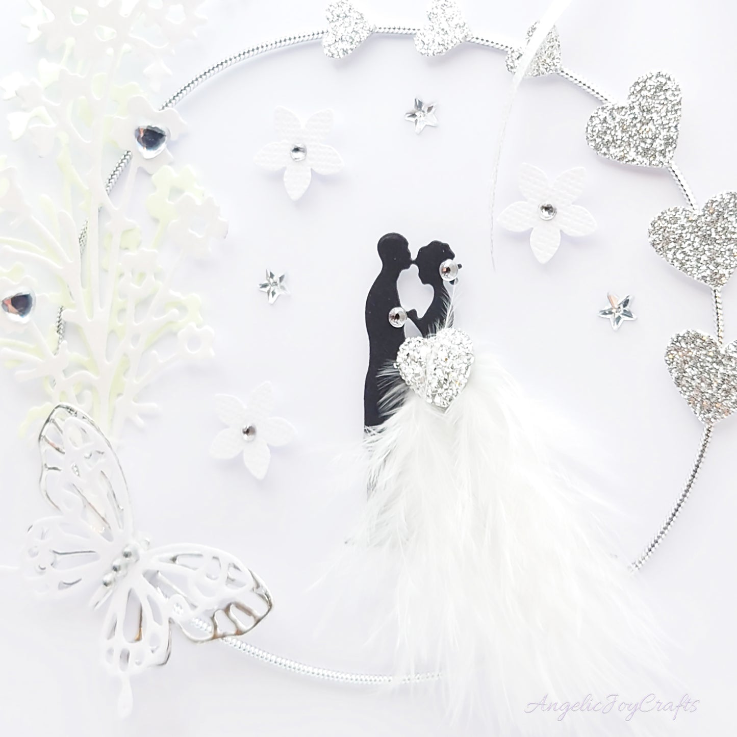 Handmade Personalised 3D Wedding Card with Couple in Floral Ring with Feather Dress + Complimentary Gift Box | Anniversary | Wedding | Engagement