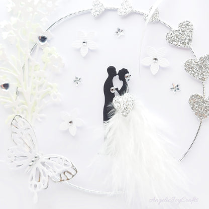 Handmade Personalised 3D Wedding Card with Couple in Floral Ring with Feather Dress + Complimentary Gift Box | Anniversary | Wedding | Engagement